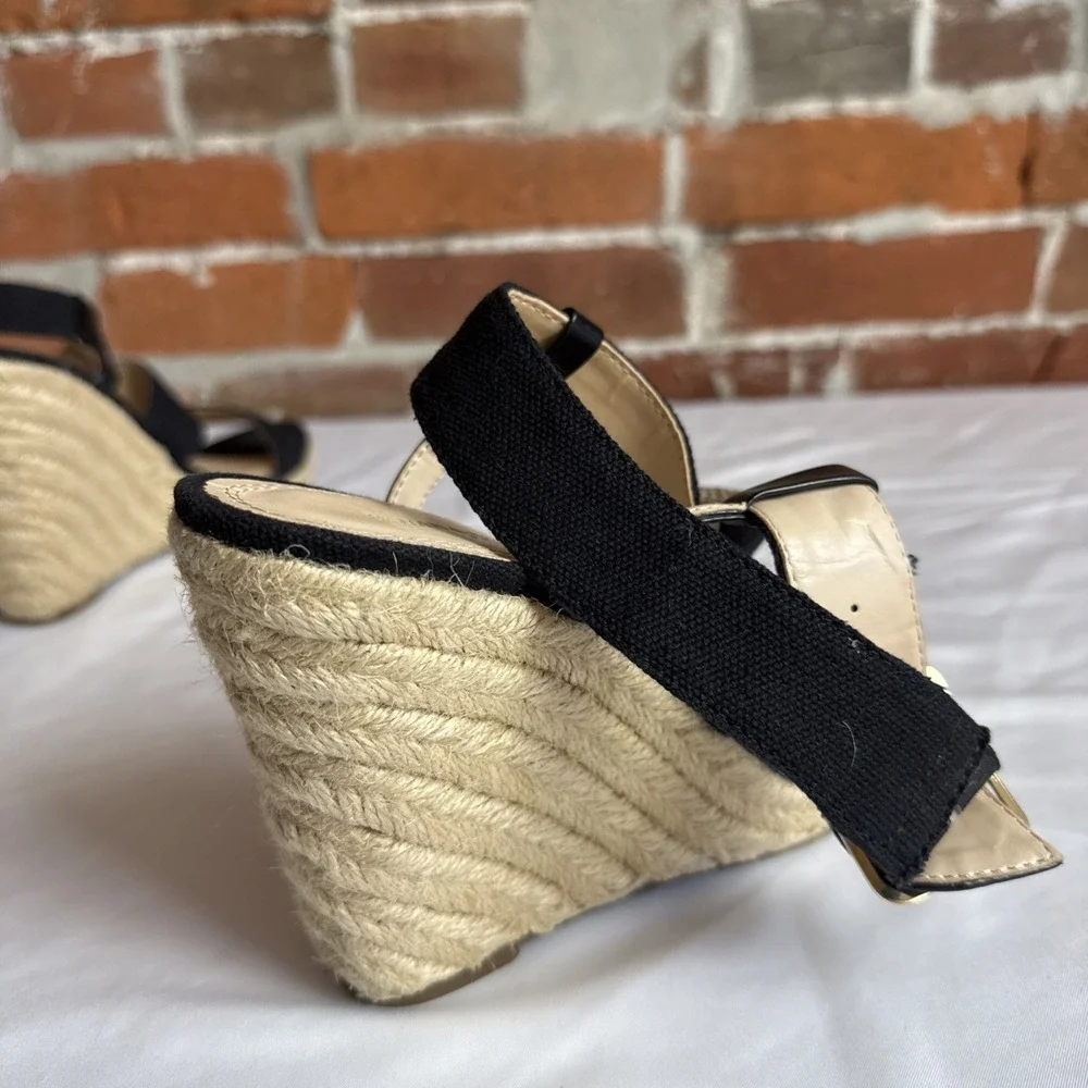 Banana Republic Black‎ Canvas Espadrille Wedge Heel Sandal Leather Trim Size 8